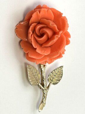 Vintage Coral Color Rose Brooch Large Statement Flower Pin Gold Tone